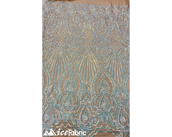 Diba Sequin Fabric By The Yard (Iridescent ICE Blue) 4 Way Stretch Sequin Fabric _ Geometric Pattern Lace on Mesh _ Prom Dress and much more