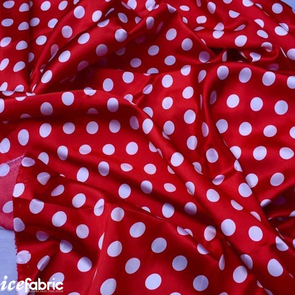 White on Red 1/2 Inch Silky Polka Dot Satin Fabric By The Yard | 60’’ Wide Silk Charmeuse Satin Fabric with Polka White Dots Print