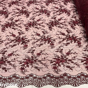 Fashion 3D Flowers Floral Lace Fabric By The Yard | Burgundy Embroidery Beaded Fabric with Sequin on Mesh