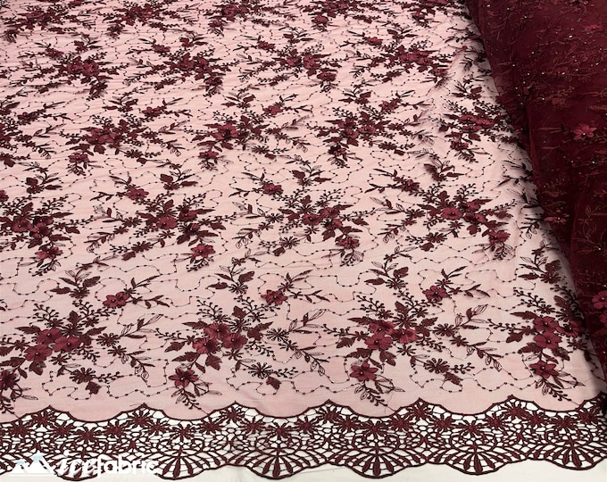 Fashion 3D Flowers Floral Lace Fabric By The Yard | Burgundy Embroidery Beaded Fabric with Sequin on Mesh