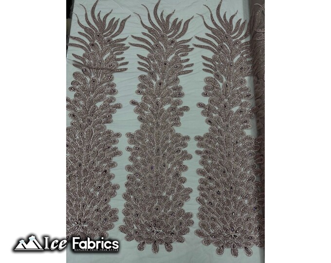 Dusty Rose Peacock Feather Beaded Fabric sold by Panel | Embroidery Handmade Lace