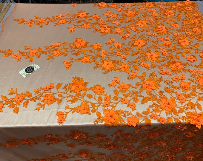 3D Pearls Flowers/Floral London Design Beaded Embroidered Mesh Lace Handmade Fabric By The Yard/ Tablecloths/ Veil/ Decor/ Skirts.(ORANGE)