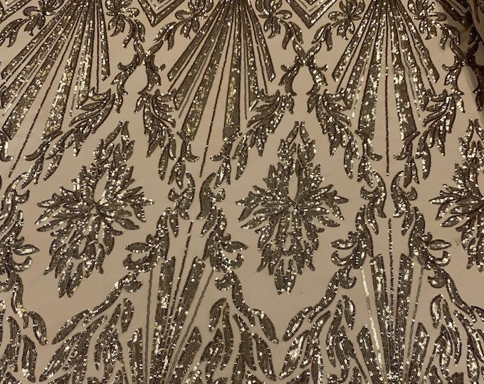 Gold Sequin Fabric By The Yard _ Geometric 4 Way Stretch Sequin Embroidery Lace On Gold Spandex Mesh