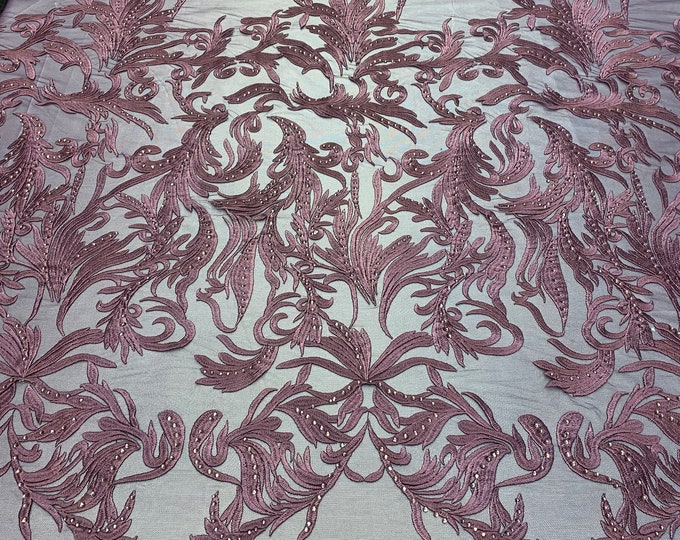 ONE Yard Mesh Lace Embroidered Fabric Leafs Design With Stones (Purple) High Quality Lace For Wedding/Prom/ Night Gowns Dress/ Fashion