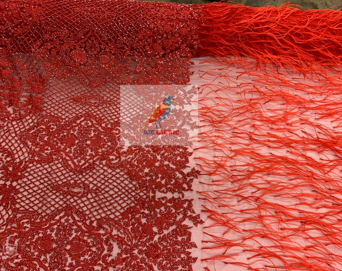 Red LUXURY Feather Beaded Bridal Lace Beaded Mesh Lace Fabric By Yard FEATHER Beads EMBROIDERY Heavy Beaded Lace,Wedding Dress,Prom Fabric