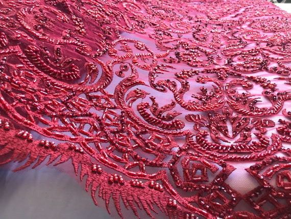 Red embroidered lace fabric discount