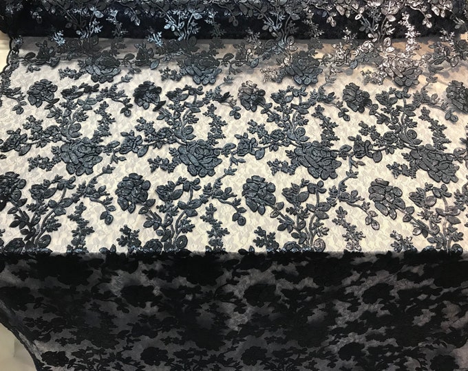 Navy Blue Sequins bridal Fashion women wedding dress fabric decoration tablecloth jacket mesh lace prom  Shop Flower Design by the yard.
