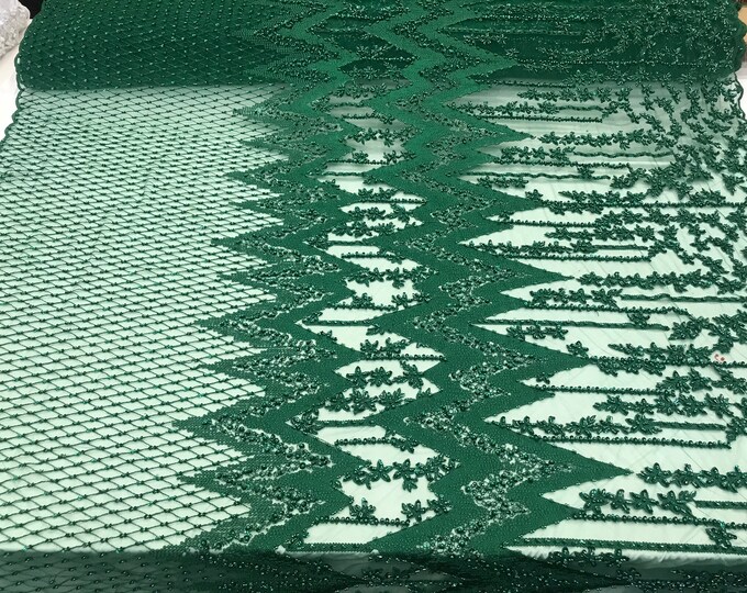 Hunter Green Transparent embroidered Beaded Design on Mesh Laces Fabric by the yard prom wedding dresses, decorations, tablecloths, Jacket