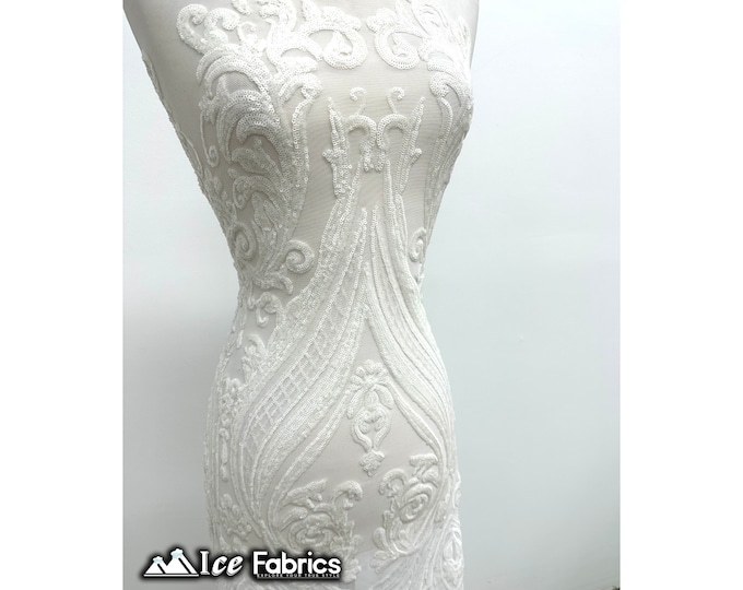 White Damask Sequin Fabric By The Yard | White Mesh 4 Way Stretch Sequin Fabric | 60” Wide | Embroidered Lace Fabric | EGP