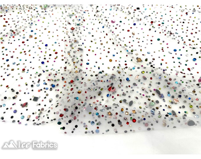 Multi-Color Rhinestones Beaded Fabric On White Mesh Fabric By The Yard | Handmade Embroidery Beads Lace Fabric | Dancer's Custom Fabric