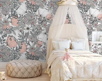 Hand Painted Floral Wallpaper Pink Red Flower Nursery Decor