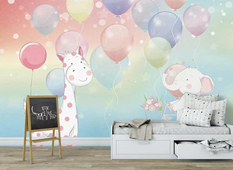Pink Giraffe Elephant Nursery Wallpaper Removable Colorful Etsy