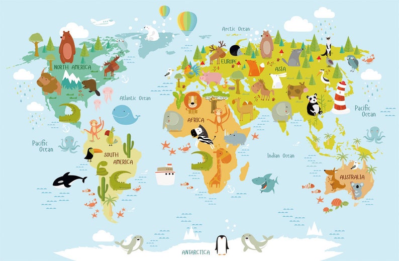 fantastic animal world map wallpaper nursery wall mural removable kids wall paper geography map wall decor self adhesive and Regular paper bild 5