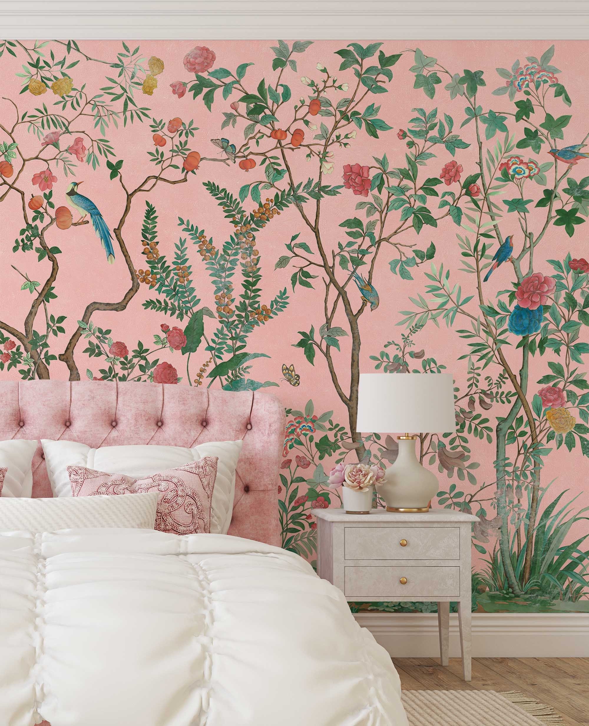 Vintage Pink Flowers Branch Birds Wallpaperhand Painted Etsy