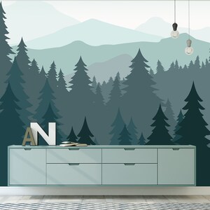 Green ombre mountains and fir trees wall mural nursery wallpaper self adhesive temporary wall paper Peel and Stick & Regular wallpaper