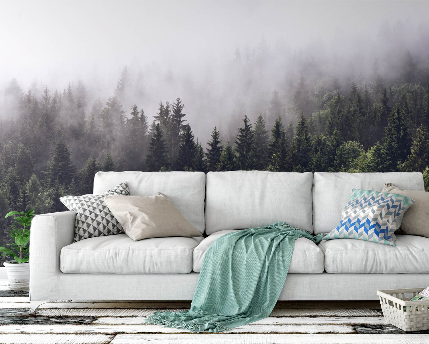 Foggy Forest Wall Mural Misty Gray Mountain Wallpaper Dark Green Trees ...