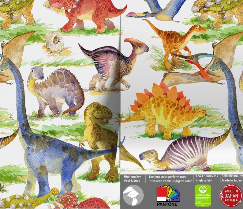 Watercolor dinosaur wallpaper,Kids room wall decor,Peel & Stick Fabric wallpaper,removable jurassic dino wall poster,hallway wall art image 5