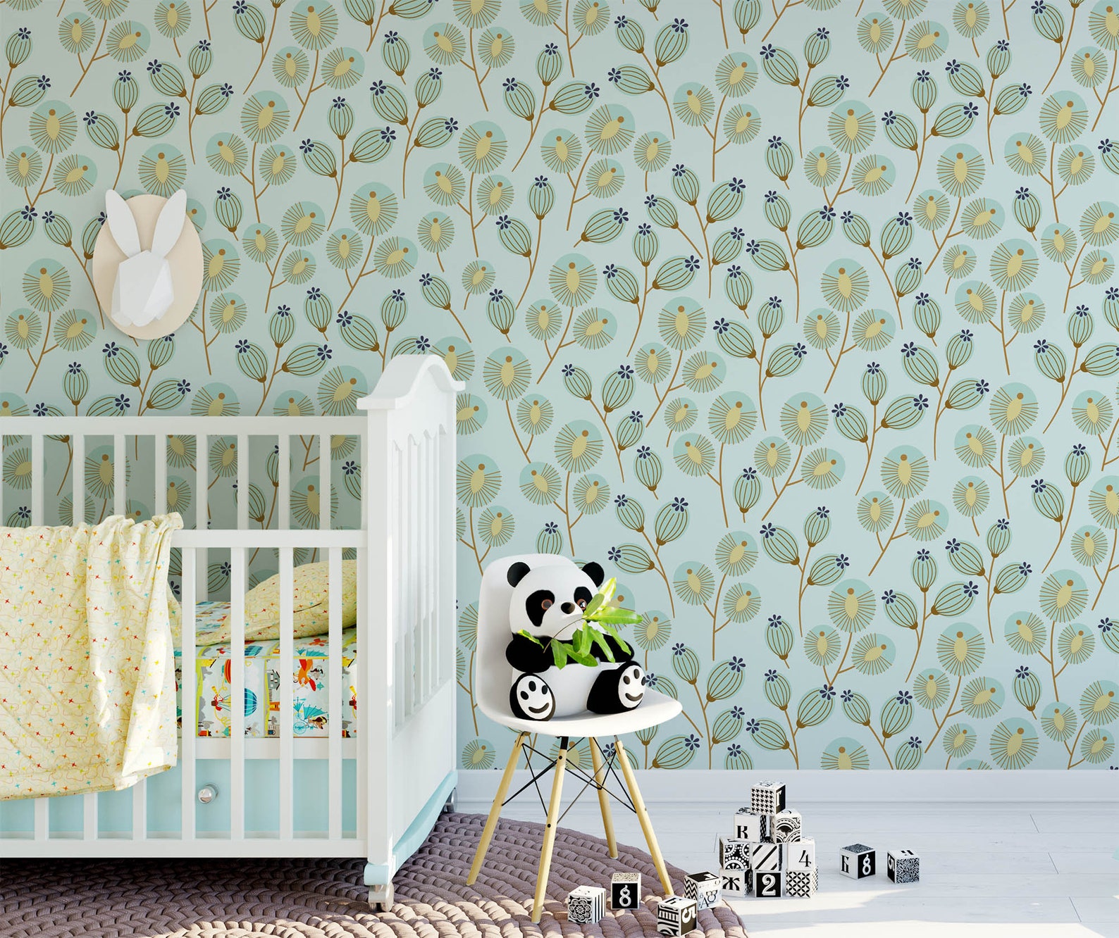 Mint Botanic Wallpaper Yellow Mint Green Floral Wallpaper Etsy