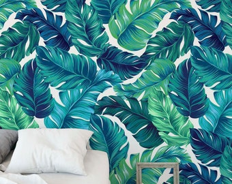 turquoise and green tropical leaves wallpaper self adhesive wallpaper exotic leaf nursery decor wall mural Peel & Stick palm leaf wallpaper