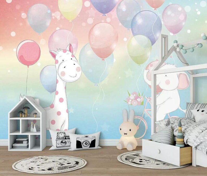 Pink giraffe elephant nursery wallpaper removable colorful ...