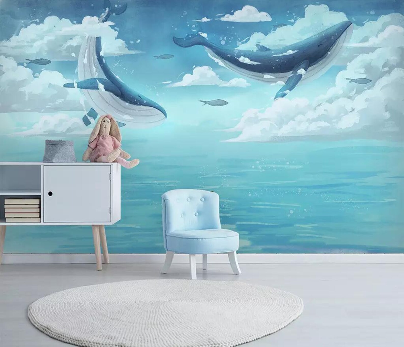 Blue Whale Wallpaper Ocean Motif Nursery Decor Removable Flying Whale ...
