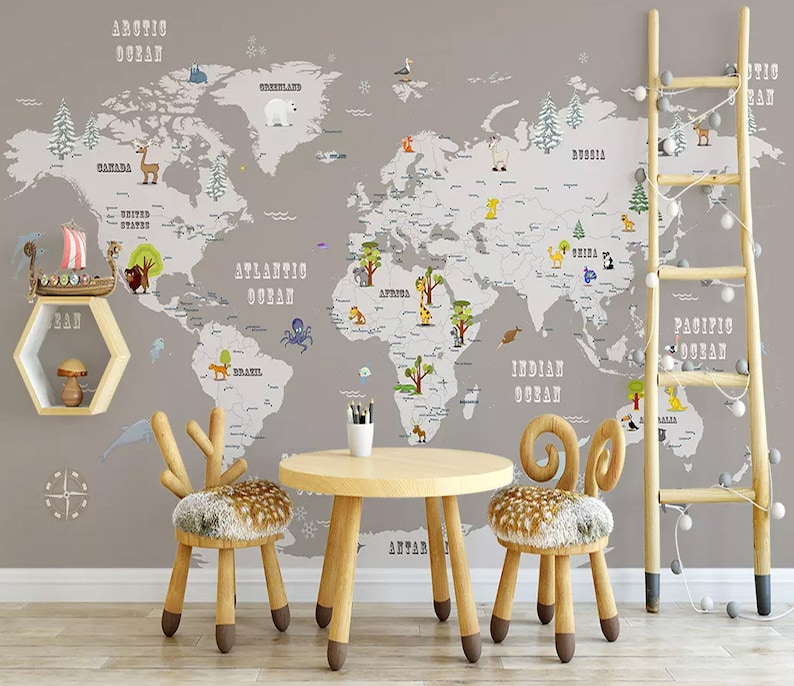 Safari animal world map wallpaper removable fabric nursery decor wallpaper kids wall paper mural gray background map wall print Peel /& Stick