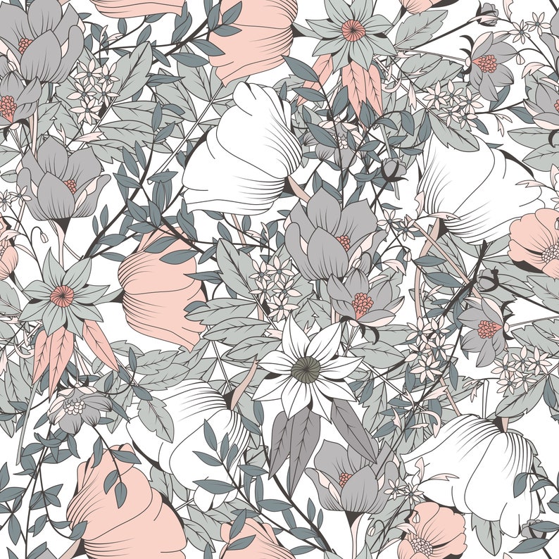 Gray and Pink Floral Wallpaper Garden Flowers Wall Mural Girls Etsy