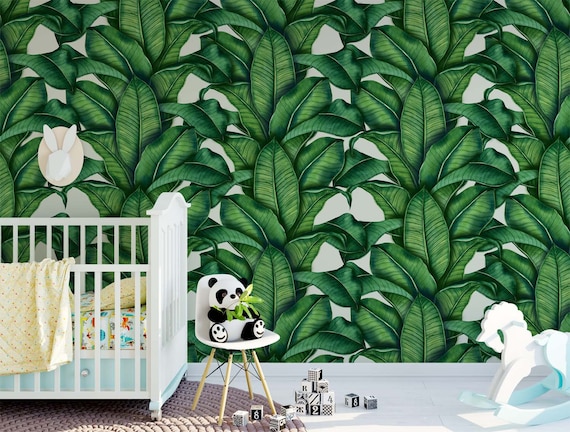 Sketch banana leaves wallpaper peel and stick monochrome tropical leaf nursery decor mural removable custom color dimensions