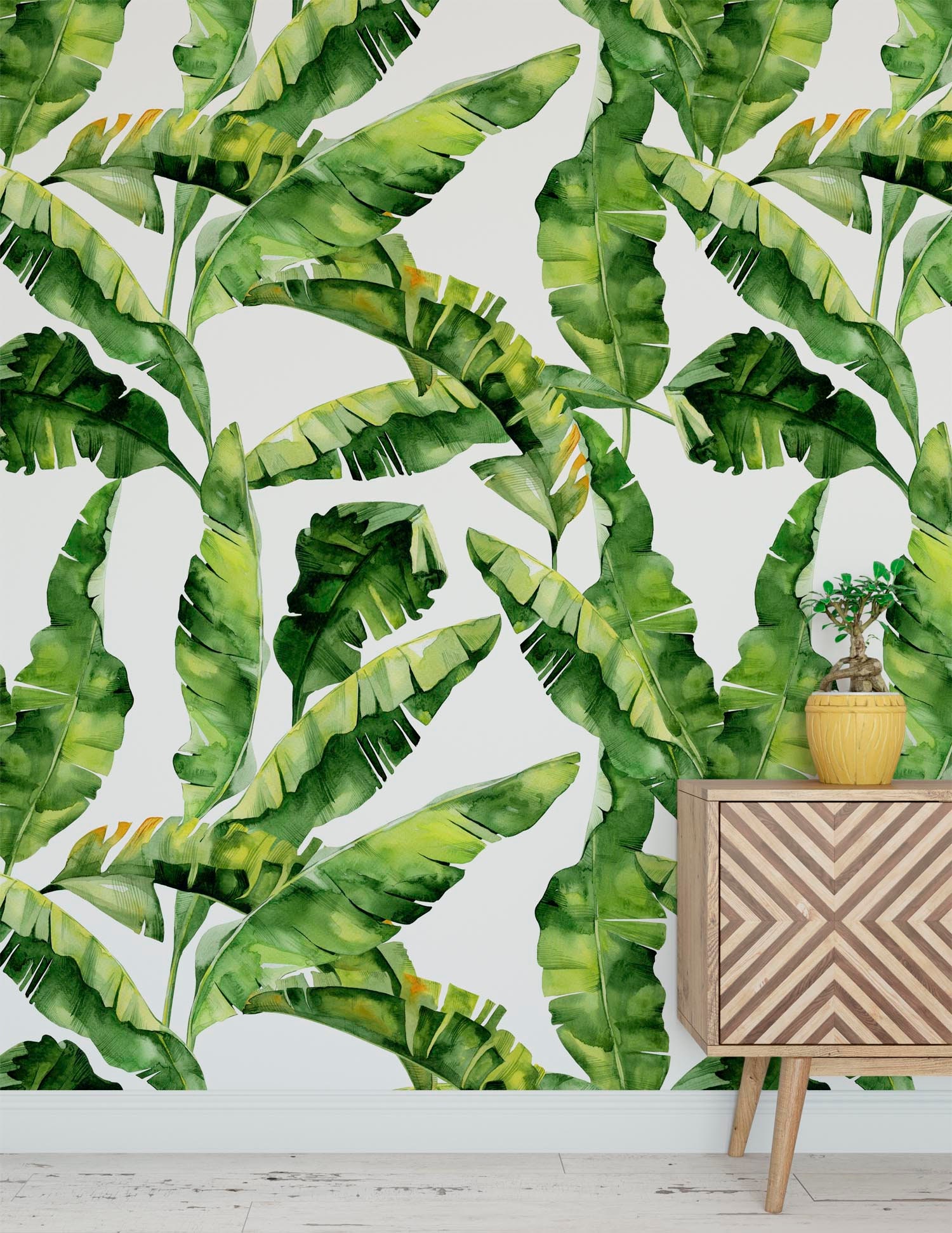 Sketch banana leaves wallpaper peel and stick monochrome tropical leaf nursery decor mural removable custom color dimensions