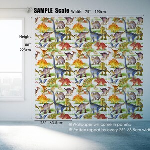 Watercolor dinosaur wallpaper,Kids room wall decor,Peel & Stick Fabric wallpaper,removable jurassic dino wall poster,hallway wall art image 4