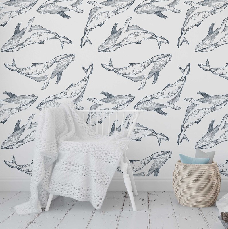 Sketch whale wallpaper peel and stick ocean fish wall paper | Etsy
