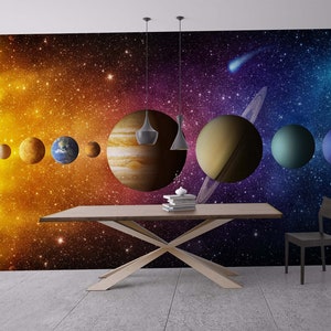 Planeten des Sonnensystems Wandpapier,Planeten Thema Tapete,Peel and Stick Stoff Wand Dekor,abnehmbarer dunkler Weltraum Wanddruck