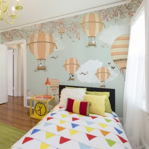 pinkish stripe hot air balloon wallpaper little puppy balloons mural nursery art decor Peel and Stick or Antibacterial Regular wallpaper
