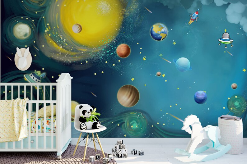 Blue Space Wallpaper Kids Bedroom Wall Mural Peel and Stick | Etsy Israel
