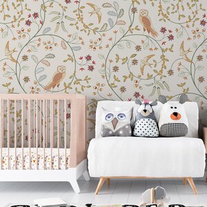 Tapete Eule auf Lockenzweig Schälen und aufkleben beige tue twist Blumentapete entfernbares Trend Blumenwandbekleidung selbstklebendes Wandbild