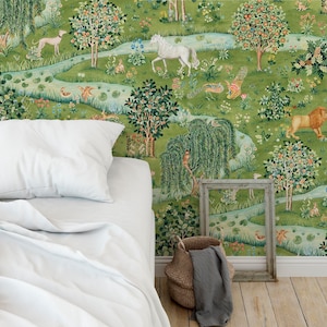 Middle Century Garden Wallpaper Removable Woodland Animals Nursery Wall Mural Peel n Stick Kids Room Wall Decor Vintage Garden Wallcovering