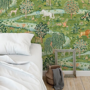 middle century woodland animals wallpaper for bedroom,temporary watercolor countryside zoo nursery wall decor,Regular wallpaper available