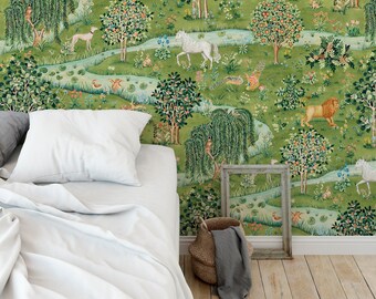 Middle Century Garden Wallpaper,Removable Woodland Animals Nursery Wall Mural,Kids Room Decor Vintage Garden Wallcovering