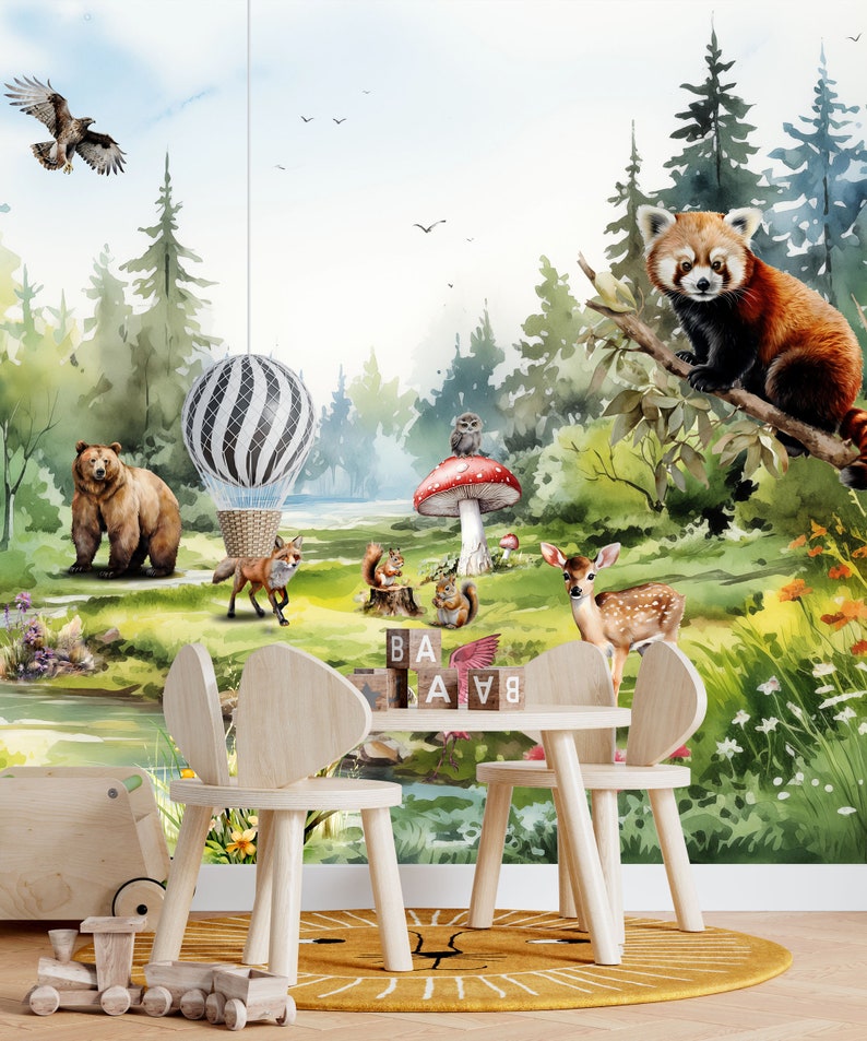 Watercolor Woodland Animals Wall Mural Removable Kids Bedroom Forest ...