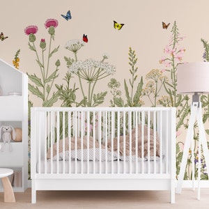 Herbs and wild flowers wall mural removable wallpaper,temporary peel and stick nursery botanical wallpaper,multi colors background available