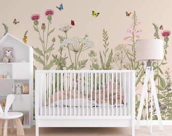 Herbs and wild flowers wall mural removable wallpaper,temporary peel and stick nursery botanical wallpaper,multi colors background available