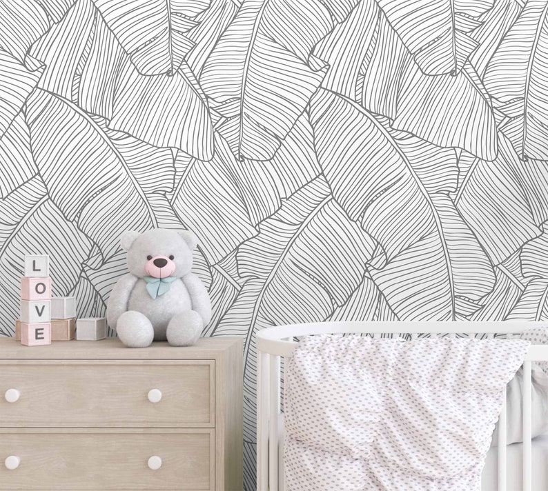 Sketch banana leaves wallpaper peel and stick monochrome tropical leaf nursery decor mural removable custom color dimensions