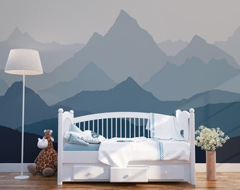 Ombre mountains mural removable wallpaper geometry mountain landscape wallpaper grayish background nursery decor custom color and size