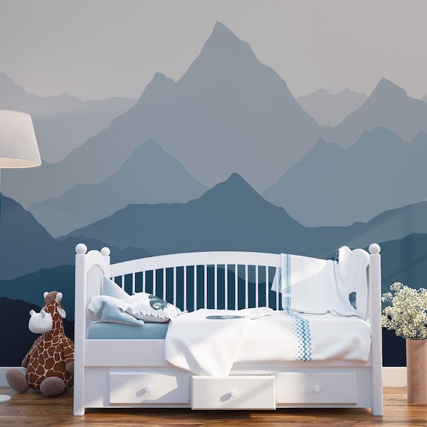 Ombre mountains mural removable wallpaper geometry mountain landscape wallpaper grayish background nursery decor custom color and size