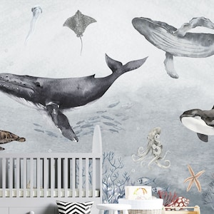 Gray underwater wallpaper removable ocean life nursery whale wallpaper mural under the sea kids room wall mural Regular wallpaper