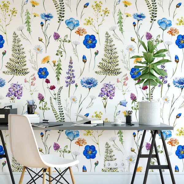 watercolor wildflower wallpaper peel and stick  wallpaper cornflower removable chamomile clover wall mural self adhesive wallpaper
