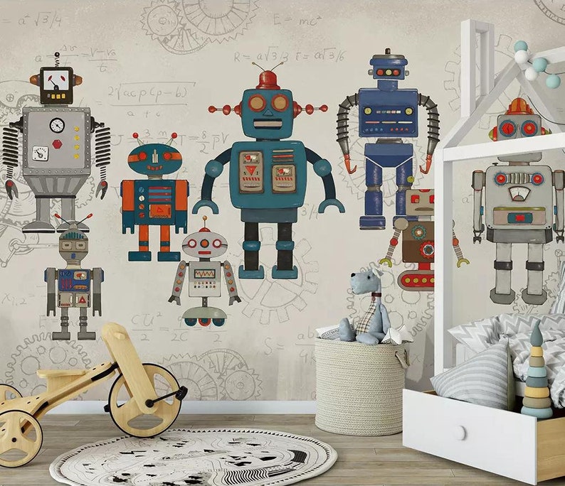Robot With Formula Backgound Kids Wallpaper Boys Bedroom Wall Mural Peel And Stick Nursery Wall Paper Removable Playroom Wall Decor Poster