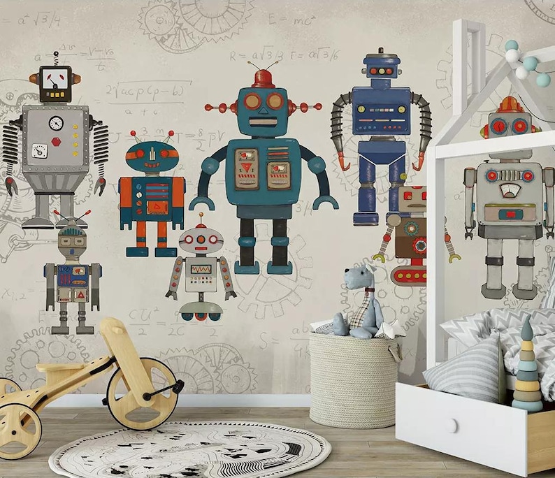 Robot With Formula Backgound Kids Wallpaper Boys Bedroom Wall Mural Peel And Stick Nursery Wall Paper Removable Playroom Wall Decor Poster