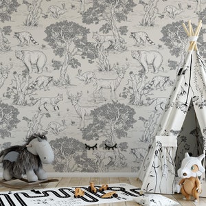 Woodland animals wallpaper Peel and Stick nursery mural monochrome animal trees removable fabric wallpaper playroom temporary wallpaper