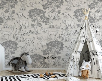 Woodland animals wallpaper Peel and Stick nursery mural monochrome animal trees removable fabric wallpaper playroom temporary wallpaper
